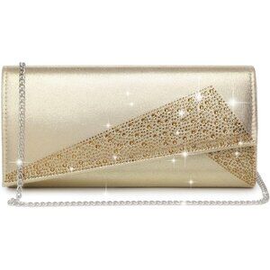 Women's Gold Satin Rhinestone Cocktail Evening Glitter Shiny Clutch Bag
